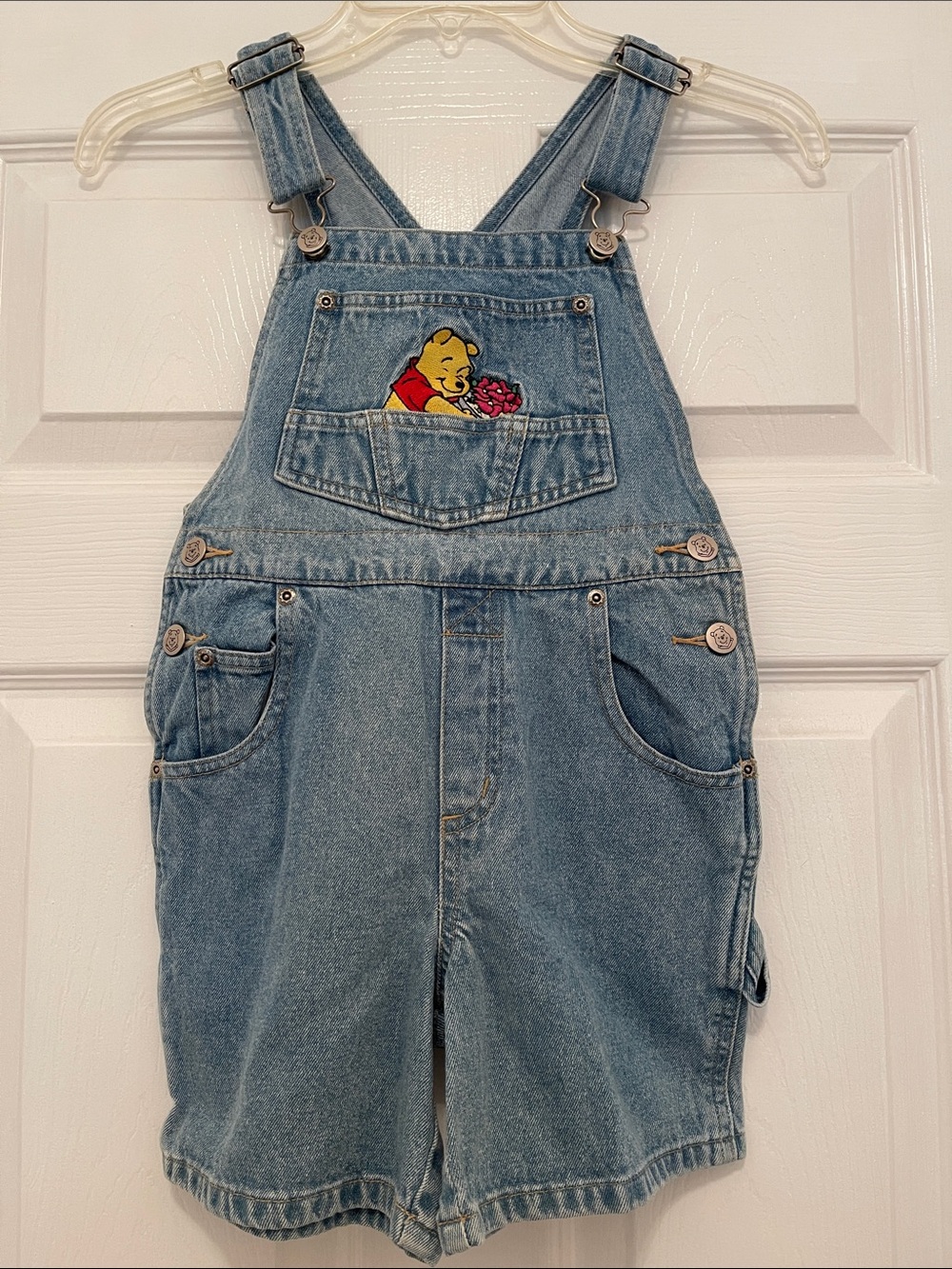 Disney Blue Denim Short Overalls with Winnie the Pooh Patch, size 5